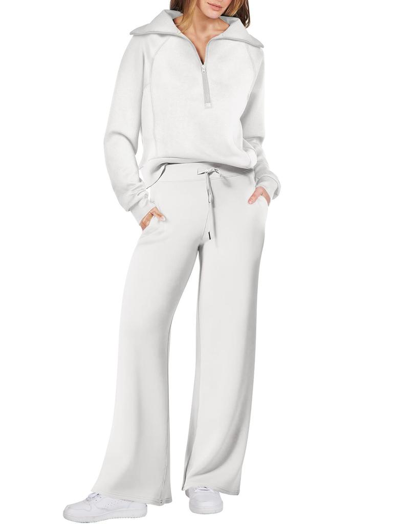 Women's Half Zip Lapel Long Sleeve Sweatshirt Wide Leg Pants Two Piece Tracksuit Solid Loose Casual Loungewear Set