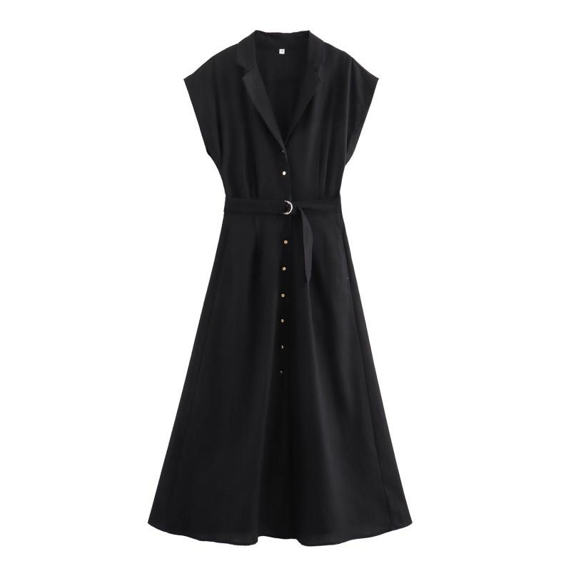 Women's Lapel Sleeveless Maxi Dress Loose Fit High Rise Linen Blend Shirt Dress With Matching Belt