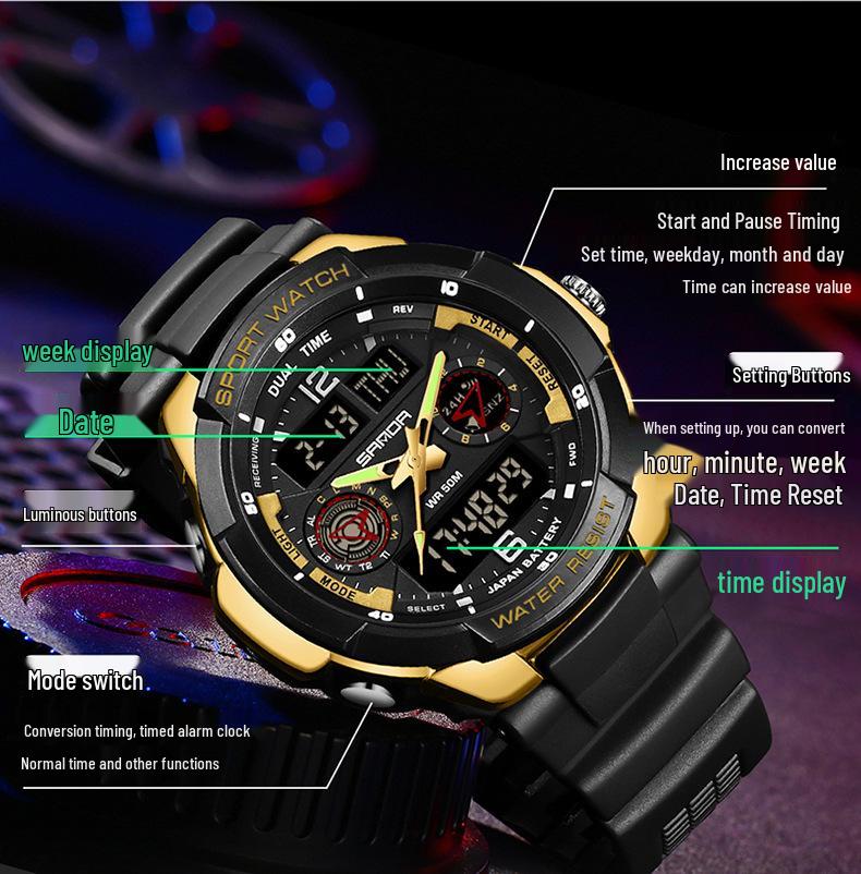 Sanda Electronic Watch: Fashionable, Versatile, Luminous, Waterproof Sports Watch for Middle School Students with Alarm Clock Function.