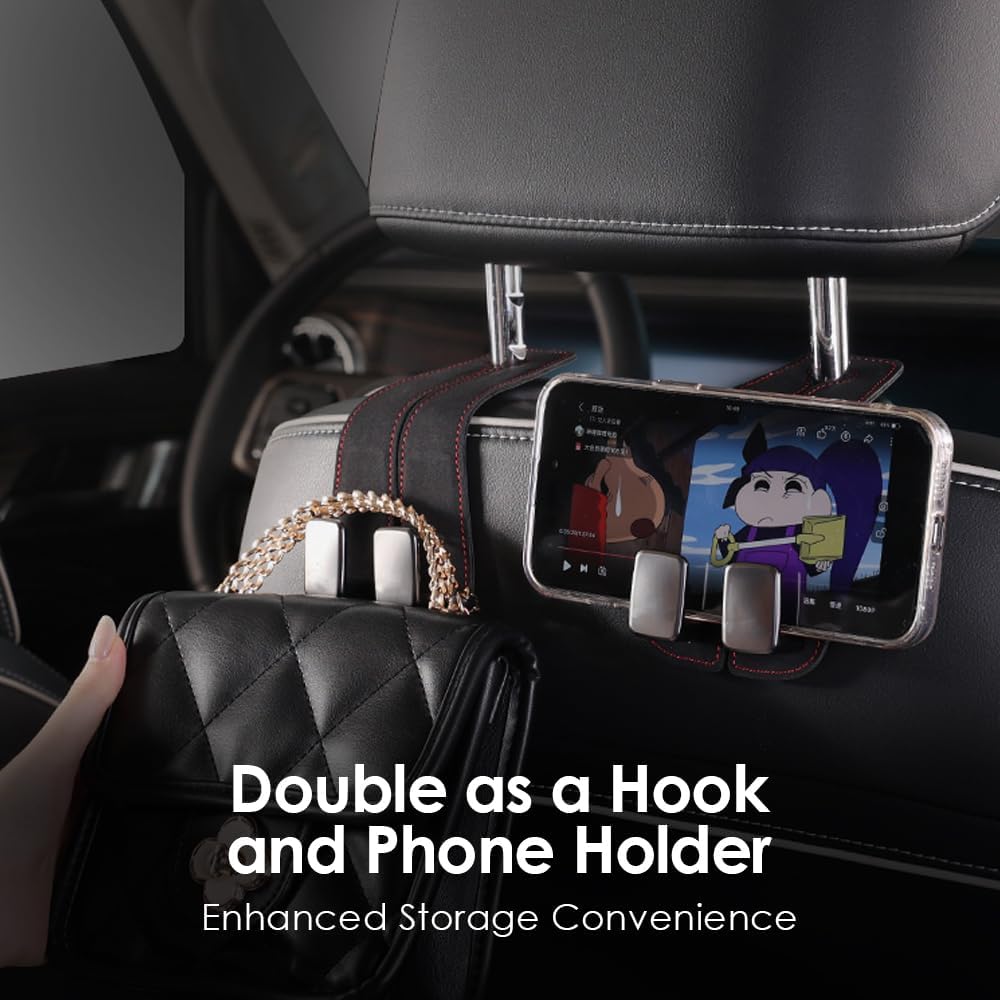 KINIVA Car Seat Headrest Storage Hooks, Set Of 2, Suede PU Leather, Double Hooks (Black)