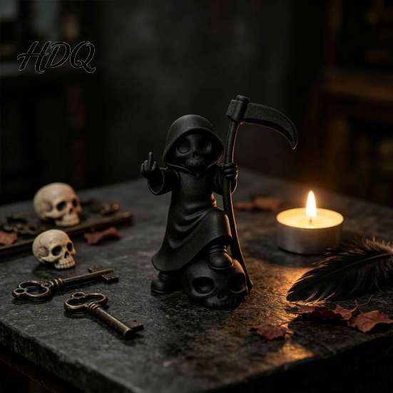 Niche PLA Model 3D Printed Cute Grim Reaper Figurine Skeleton Little Statue with Small Desktop Decoration Scythe & Skull Base Funny Gothic Halloween