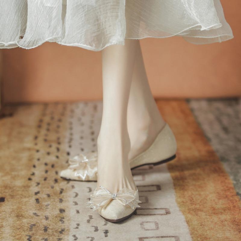 Fashion Summer Rhinestone With Bow Woman Flats Wedding Bride Shoe Chic and Elegant 2025 Comfortable Slip-on Pointed Toe Shoes for Women