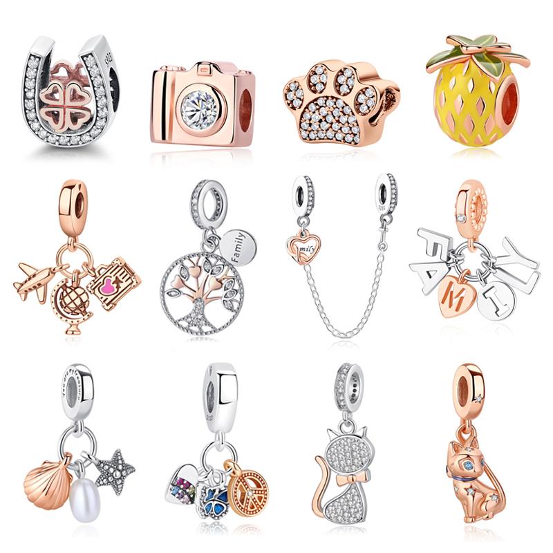 Original 925 Sterling copper Charm Bead Family Tree Mom Pendant Safety Chain Charms Rose Gold Fit Brand Bracelets DIY Zircon