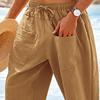 Men Cropped Pants Elastic Waist Solid Color Drawstring Soft Breathable Casual Patch Pockets Mid-calf Length Beach Trousers