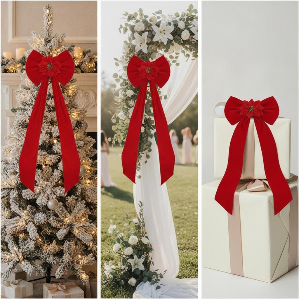 Velvet Christmas Bow Pre-Tied Tree Bows Red for Wedding Backdrop