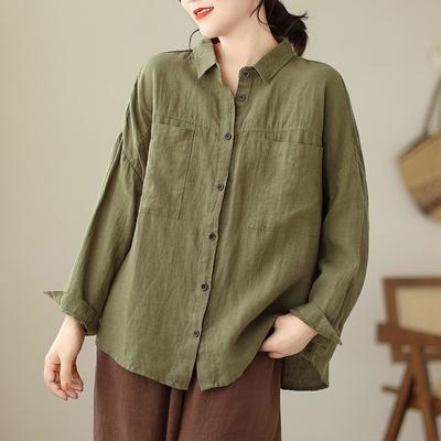 Spring Literary Loose Solid Color Cotton and Linen Lapel Long-sleeved Shirt Women's Casual Shirt