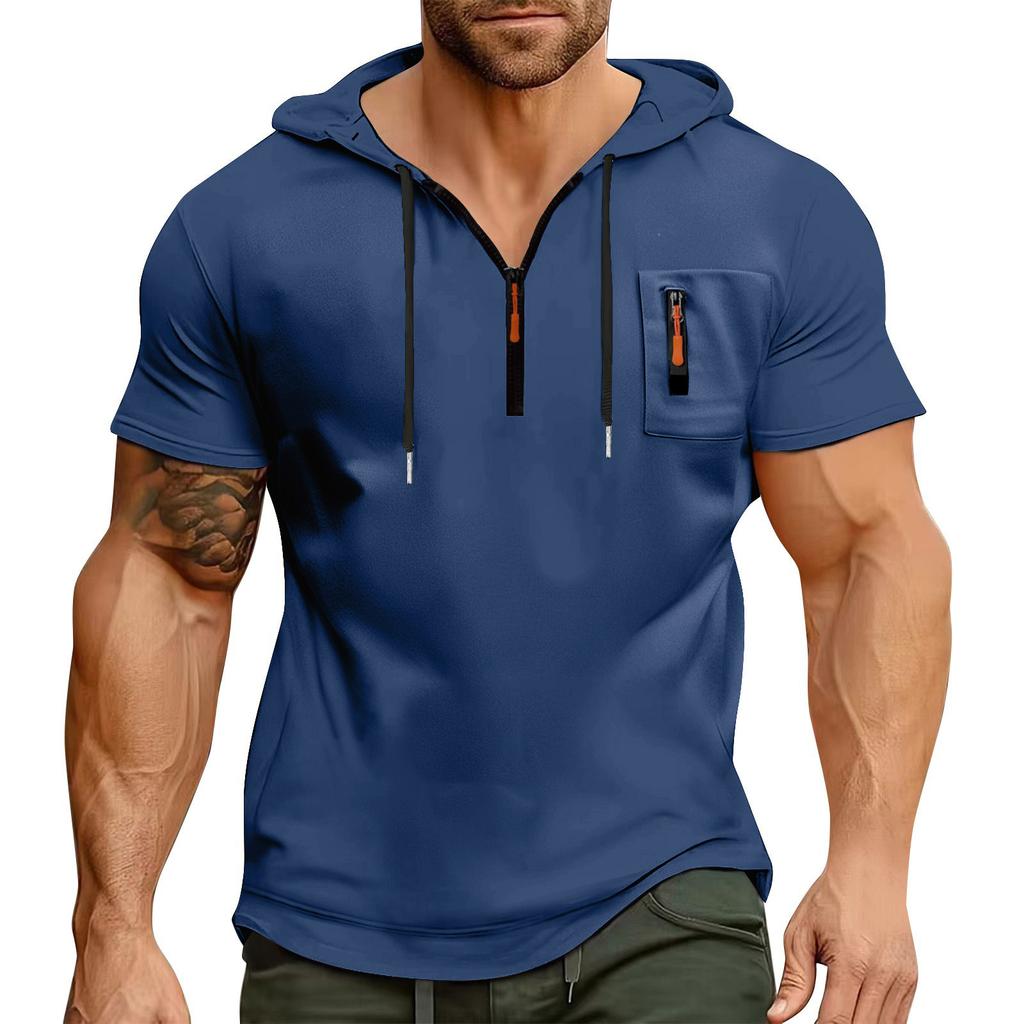 Men's Summer Shirt Zipper Pocket Short Sleeve Hooded Sweatshirt Men's Sports Large Size Casual Sweatshirt
