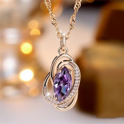 Female Crystal Purple Zircon Stone Cute Oval Pendant Necklace Vintage Gold Color Wedding  For Women