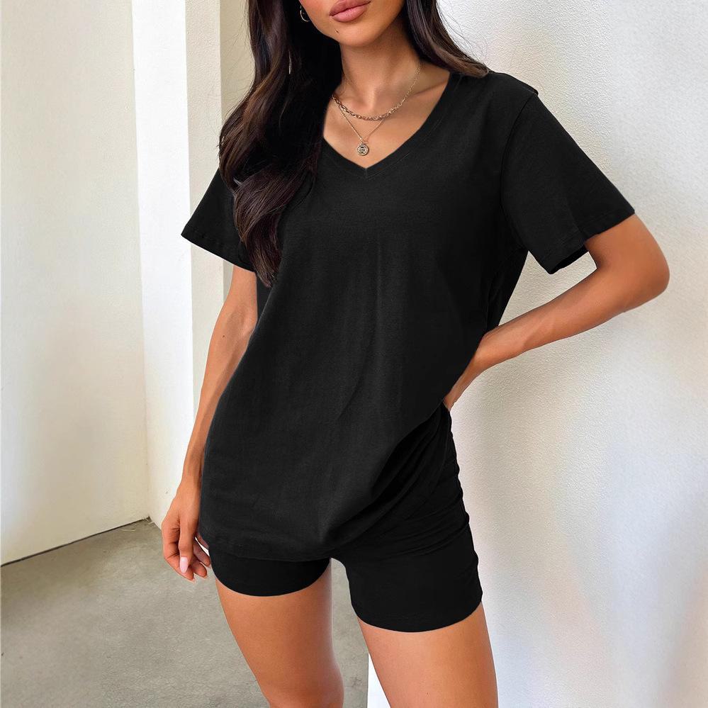 Einfarbiger, kurzärmliger V-Ausschnitt-Modeanzug für Damen für Frühjahr/Sommer 2025