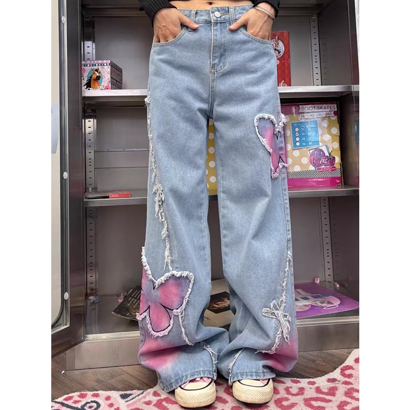 Women's 2024 Summer High Waist Retro Butterfly Wide Leg Jeans