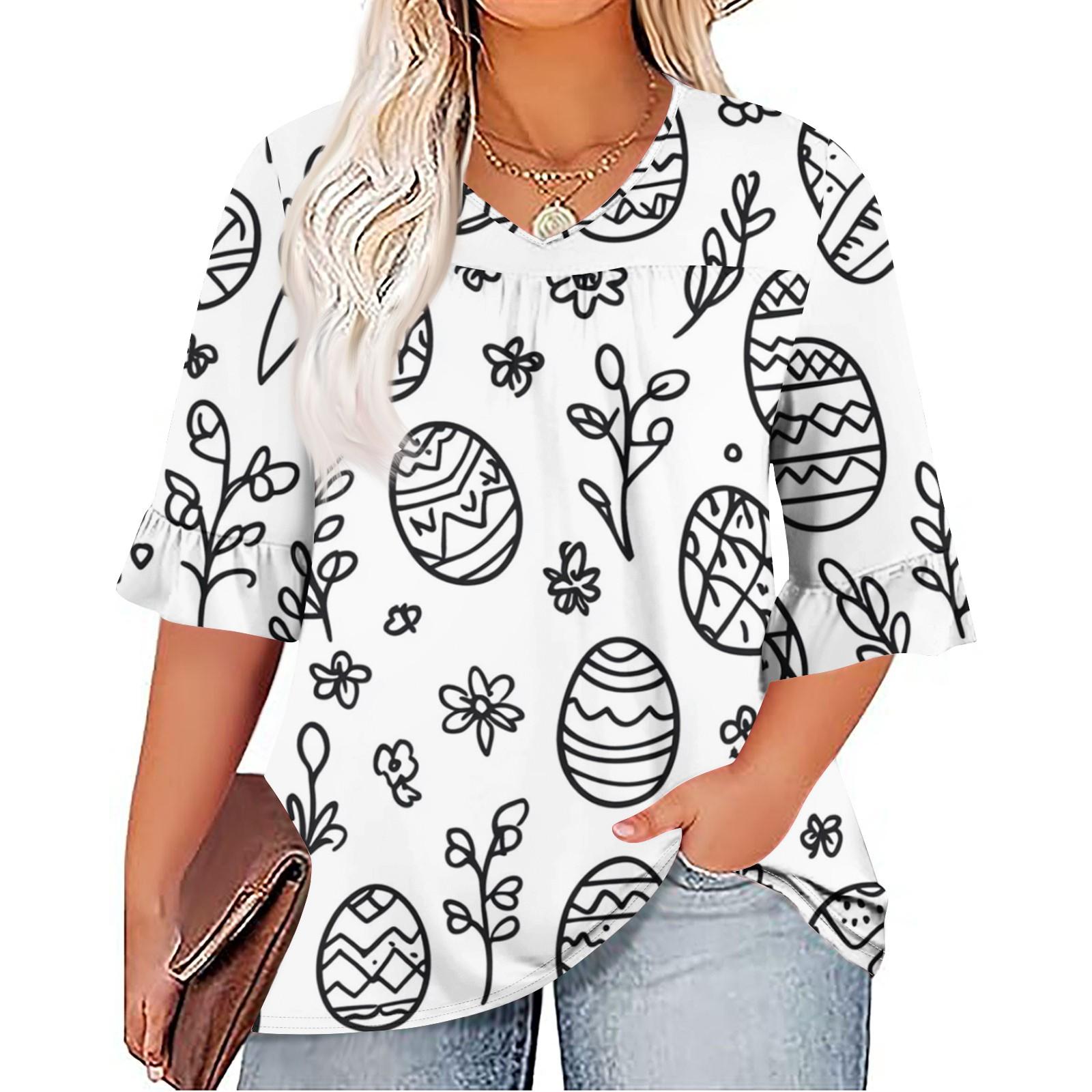 

Women s Fashion Casual Easter Printed V-Neck Seven Minute Sleeve Ruffle Sleeve T-Shirt Tops Plus Size Women s XL білий