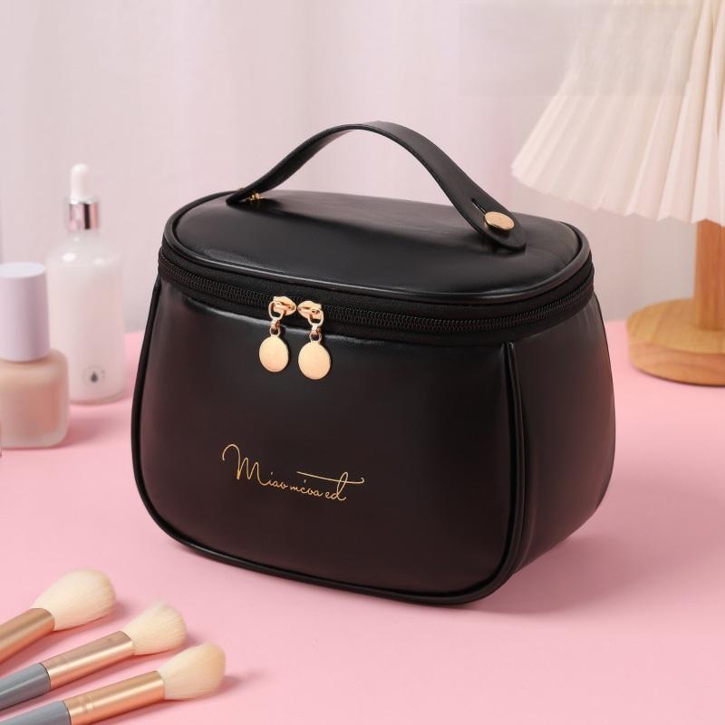 Stylish PU Leather Toiletry Organizer Bag, Large Capacity Makeup Pouch with Built-in Brush Slots