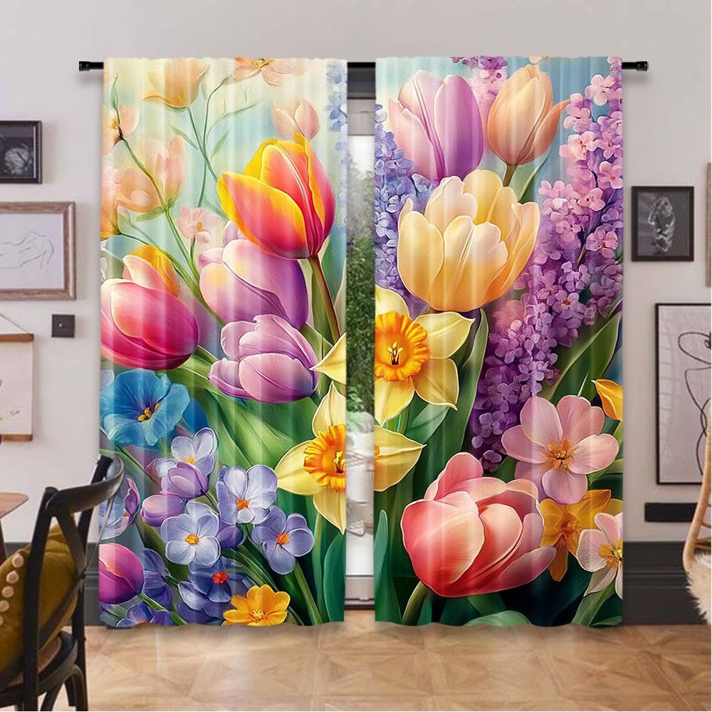 2Pcs Spring Curtain Colorful Dreamy Scenario Of Blooming Roses Lavender And Peony With Leaves Suitable For Bedroom Bathroom