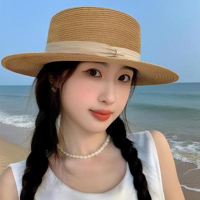 Sweet Wind Flat Top Straw Hat Straw Hat Women'S Summer Top Hat Big Brim Sun Hat Seaside Beach Hat