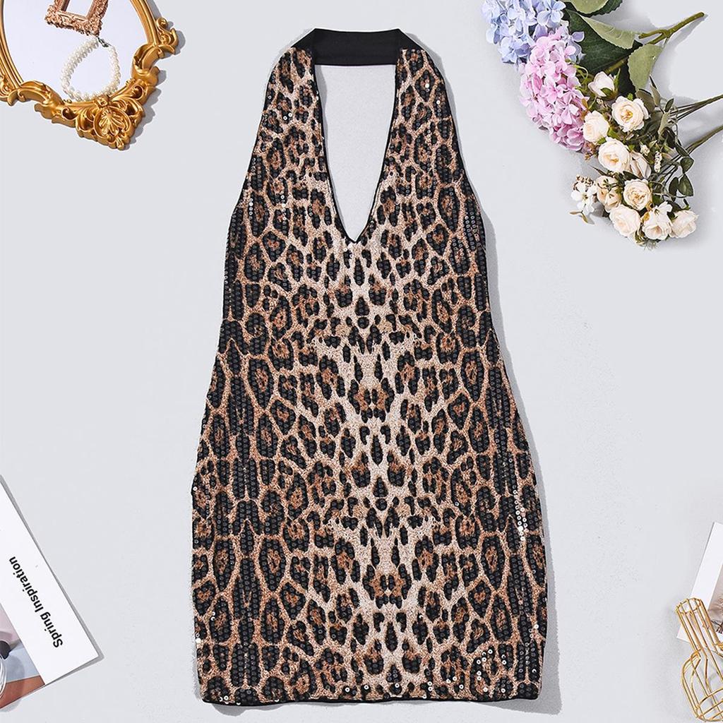 European & American Leopard Print Sexy Slim-Fit Deep V Backless Dress for Women