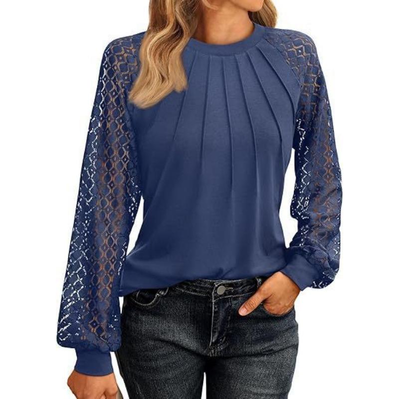 Women S Long Sleeve Lace Blouse Solid Color Loose Fit Casual Top