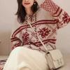 Vintage Christmas red top autumn and winter new lazy wind loose soft waxy knitted hoodie sweater women