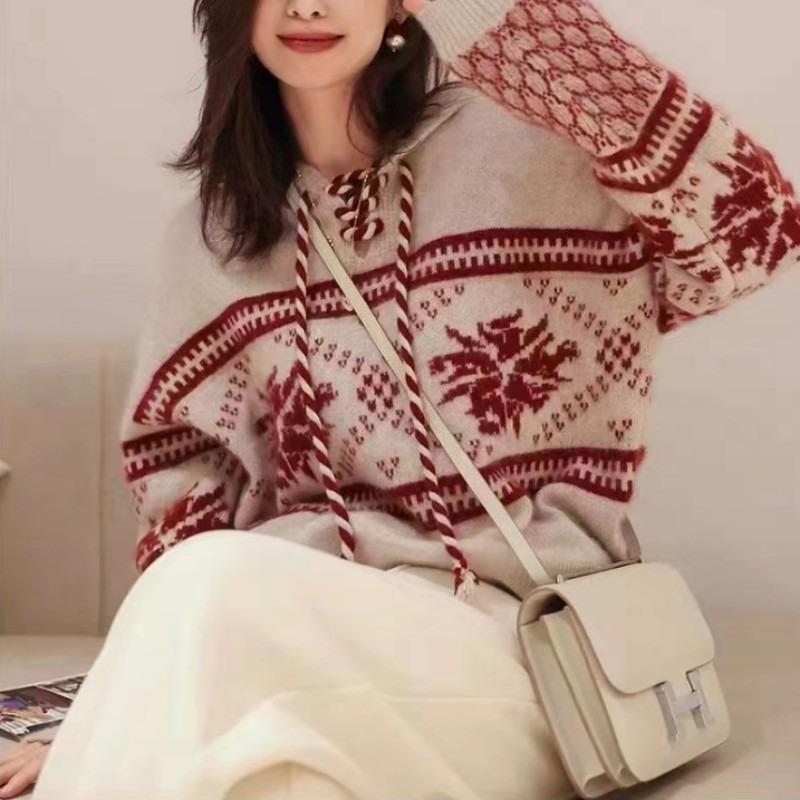 Vintage Christmas red top autumn and winter new lazy wind loose soft waxy knitted hoodie sweater women