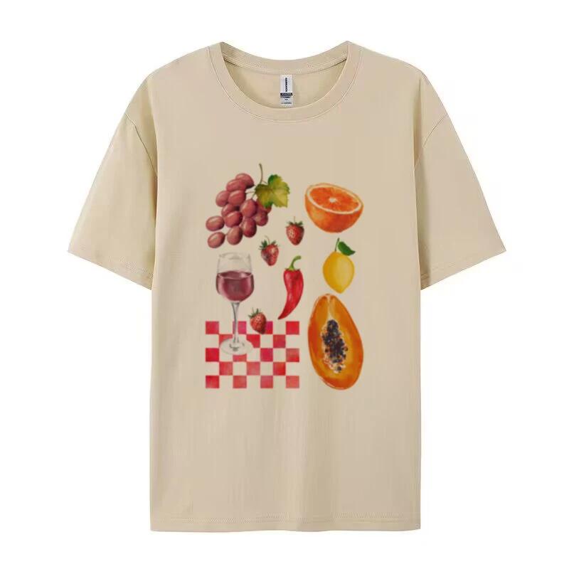 Vintage Cute Fruit Wine Printed Graphic Tees Women Oversized Y2k Aesthetic Foodie TShirts Grunge Streetwear Top FeUnisex Clothing