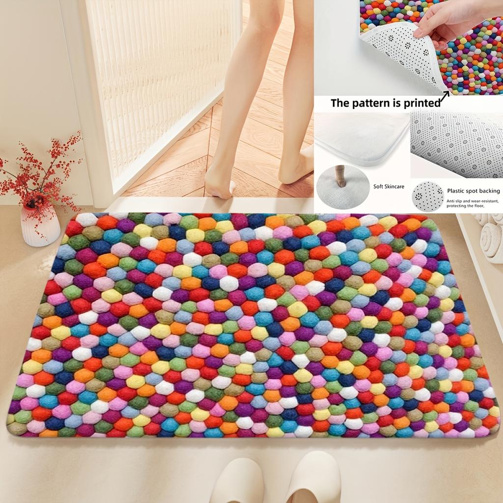 Barevná koupelnová předložka se vzorem pomponů, Měkký flanelový protiskluzový koberec, Dekorativní podlahový koberec do koupelny, obývacího pokoje, ložnice, kuchyně