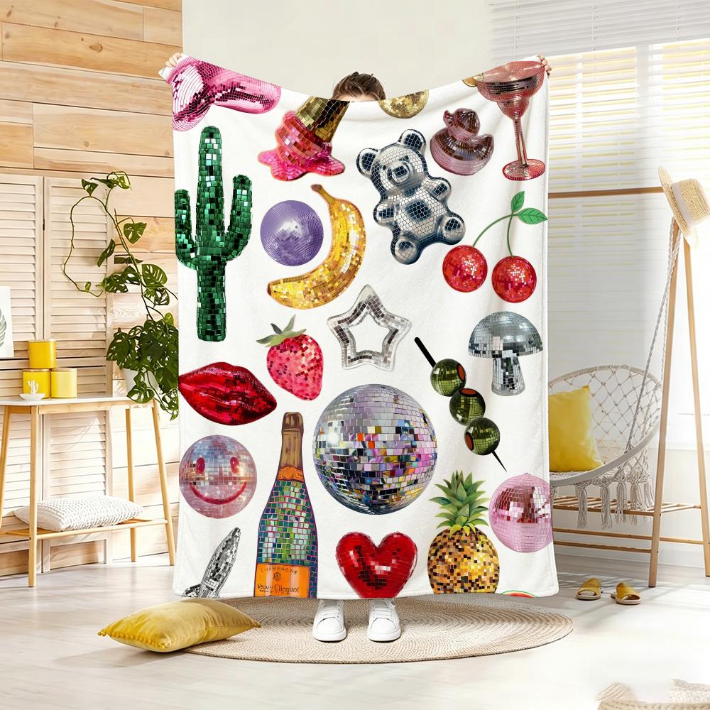 Retro Sticker Collage Throw Lightweight Flannel Blanket Soft Skin-Friendly For Summer Cooling