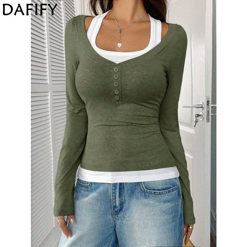 DAFIFY Damenmode, lässig, Frühling und Herbst, einfarbig, langärmelig, quadratischer Kragen, Blusen und Hemden