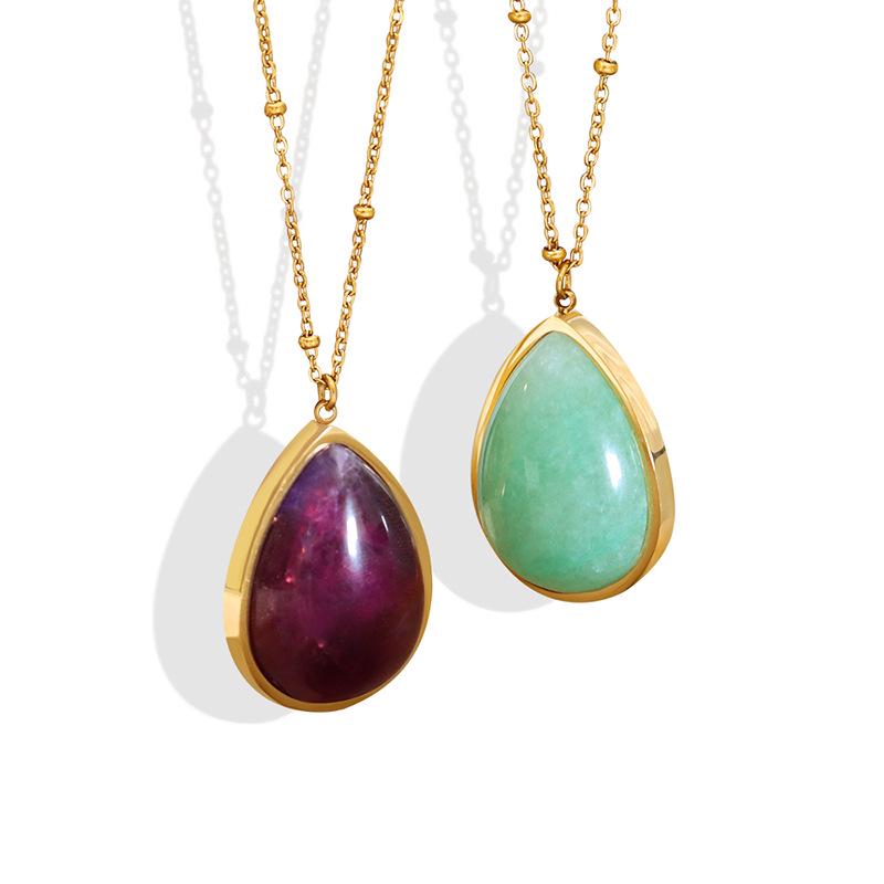 Korean Style Teardrop Oval Pendant Necklace, Natural Raw Stone, Clavicle Chain, Gold-Plated Titanium Steel