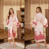 Print Satin Women Long Robe Retro Sleepwear Seven Quarter Sleeve Kimono Bathrobe Loose Home Wear
