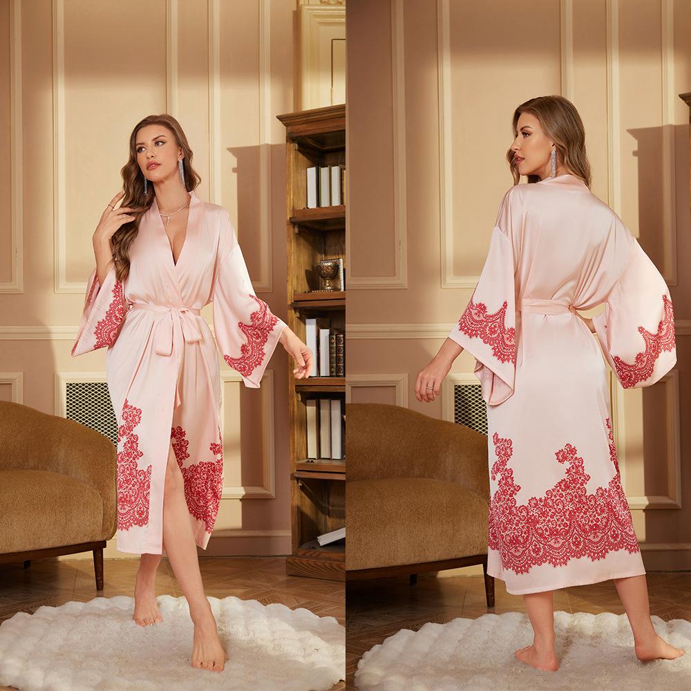 Print Satin Women Long Robe Retro Sleepwear Seven Quarter Sleeve Kimono Bathrobe Loose Home Wear