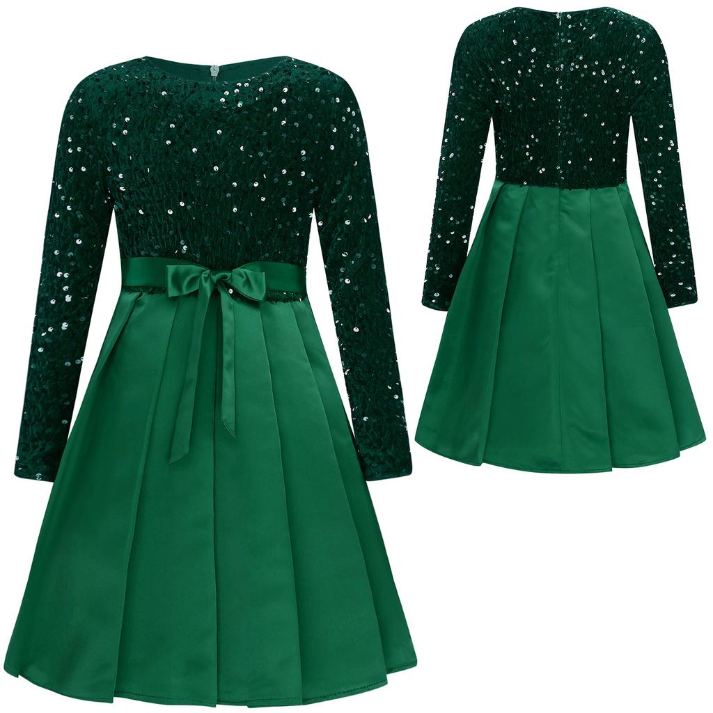 Belted Christmas Dress for Girls Knee Length Pleated Gown Glittery Sequin Round Collar Long Sleeve