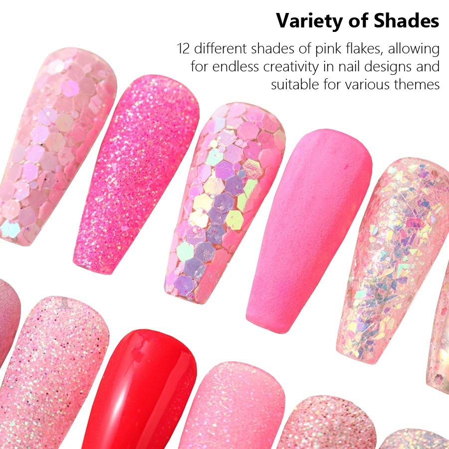 12-Compartment Mixed Nail Glitter Powder, Holographic Hexagon Flakes, Sparkly Sequins for Nail Art Designs