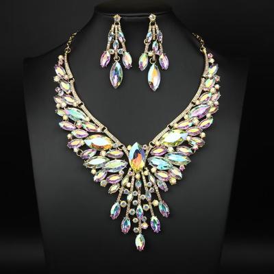 2026 European and American Exaggerated Luxury Crystal Gemstone Large Necklace Earrings Set Women's Dinner Dress Fashion Accessories
