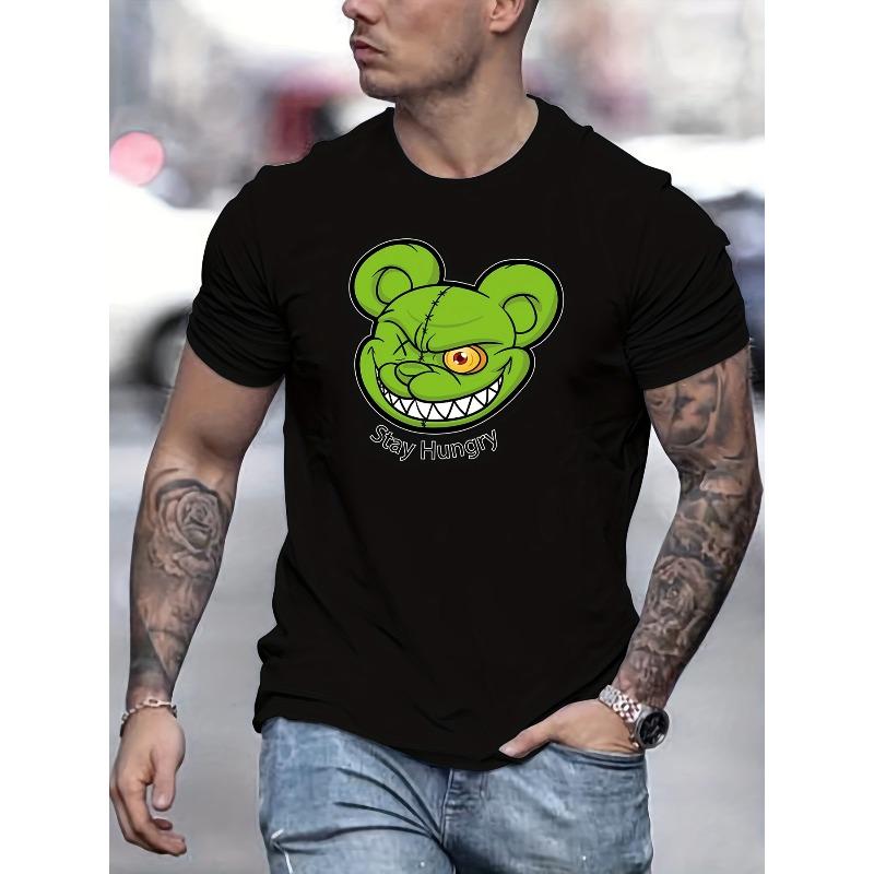European sizes Green One-eyed Bear Pattern Men s T-shirt For Summer Outdoor, Men s Trendy Cartoon Crew Neck Tops S