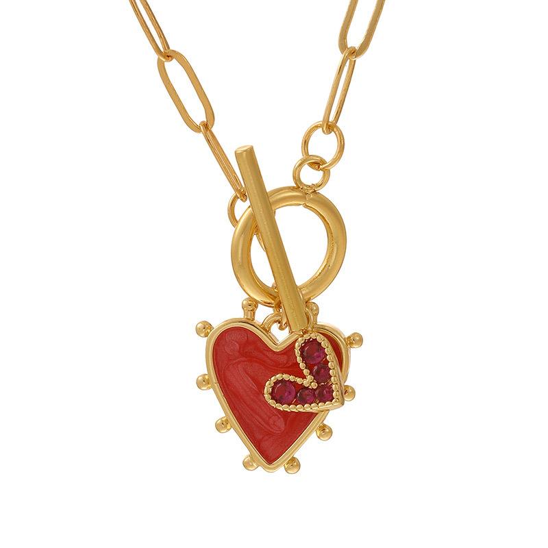 Women's Trendy Copper Inlaid Zircon Heart Pendant Chain Necklace with Ot Buckle