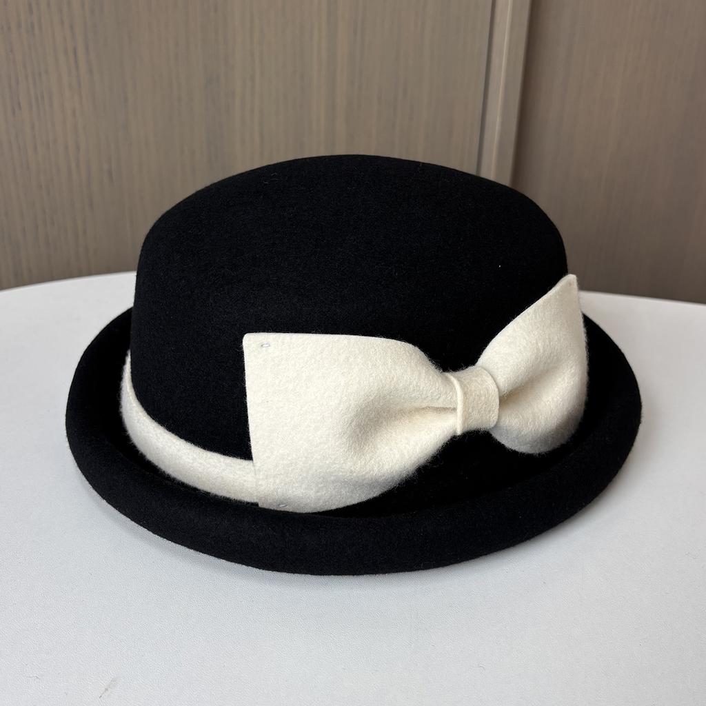 New Autumn And Winter Xiaoxiangfeng Top Hat, Elegant Bow, Curled Edge To Show The Face, Small Felt Hat, Women'S Versatile Thermal Basin Hat