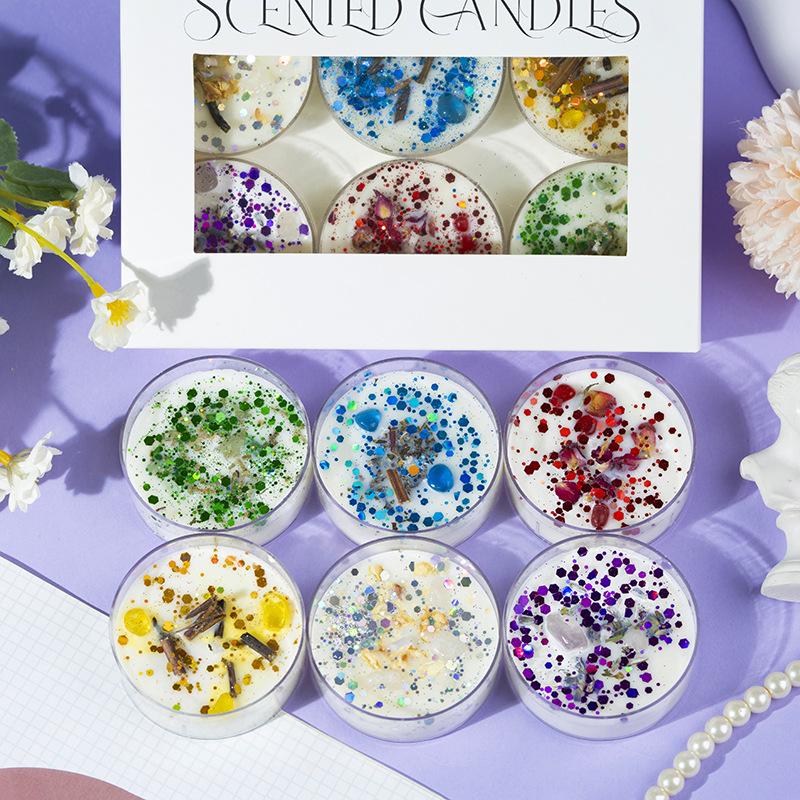 Scented Soy Wax Candles with Dried Flowers and Glitter - Crystal Shell Collection Gift Set