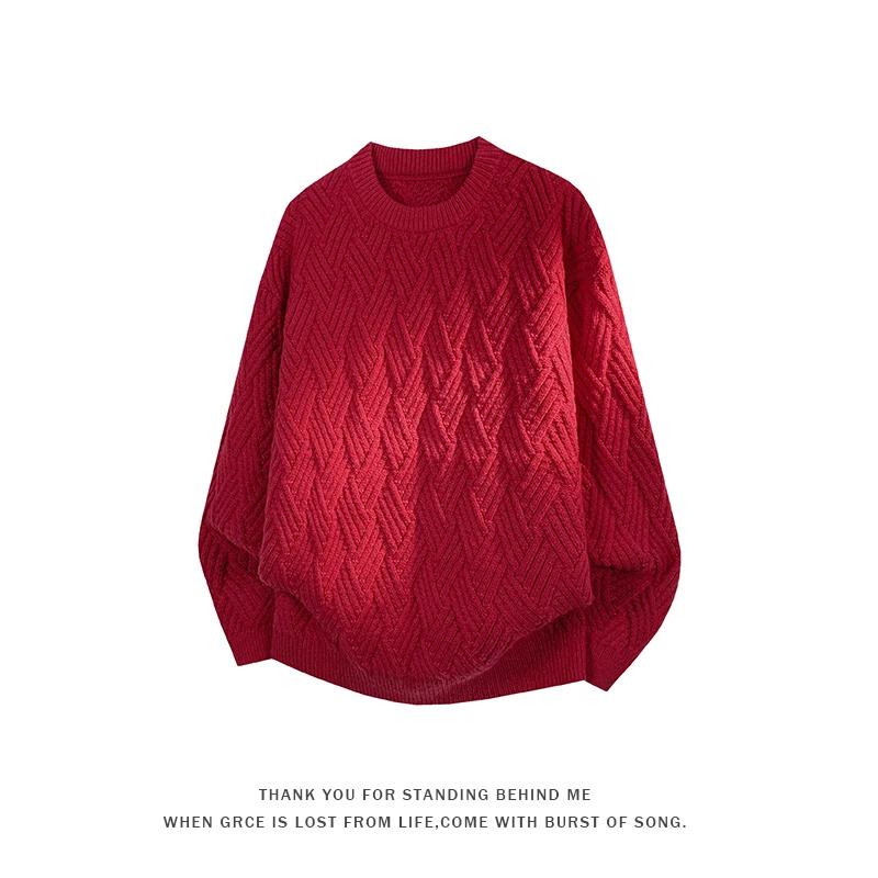 

2025 Autumn Winter Men O Neck Twist Sweaters Men Solid Color Casual Sweater Male Knitted Crew Neck Tops Man Streetwear Pullovers XL красный