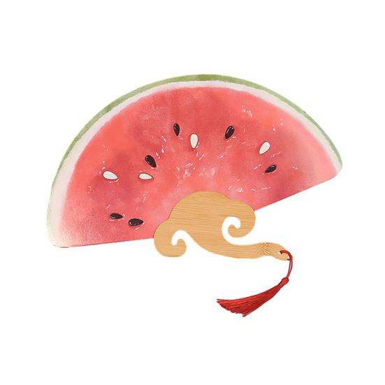 Watermelon Print Round Fan with Wooden Long Handle Portable Lightweight Outdoor Travel Camping Picnic Summer Handheld Paper Fan