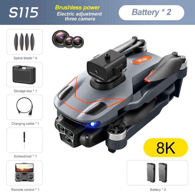 Ny S115 RC Drone 8K Profesjonell tre-kamera Vidvinkel posisjonering Hindring unngå børsteløs motor Sammenleggbar Quadcopter gaveleke