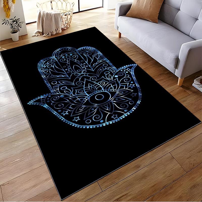 Mandala Hamsa Hand Carpet, Black and Blue Bohemian Living Room Rug Suitable for use as an anti-slip for living room bedroom sofas