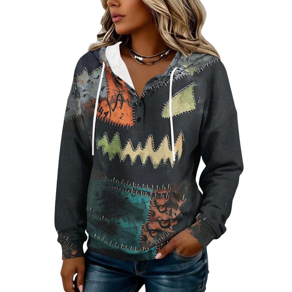 Women's Hooded Button Front Halloween Print Pullover Sweatshirt for Casual Fall Outfits