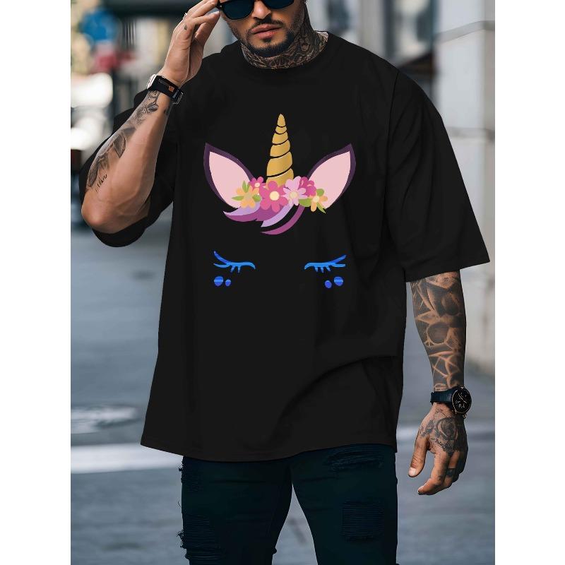 European Size Men's Breathable Polyester-Spandex T-Shirt with Shy Unicorn Print, Short Sleeves, Round Neck - Casual Summer Top for Beach ,Resort Wear