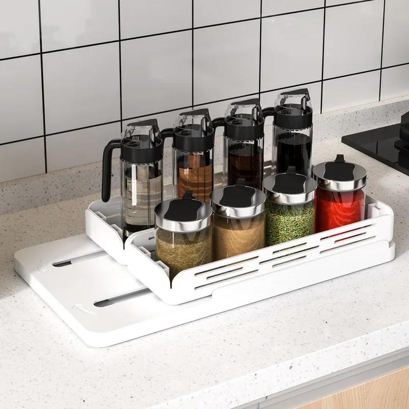 Kitchen Rotating Spice Rack 2 Tier Plastic Seasoning Spice Detachable Jar Storage Rack Pull Out Kitchen Cabinet Organiser