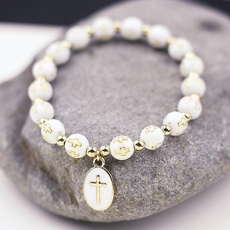  Stretch Bracelet Cross Pendant Rosary Beads Bracelet Religious Catholic Bracelet Jewelry Travel Souvenir Gift For Girl