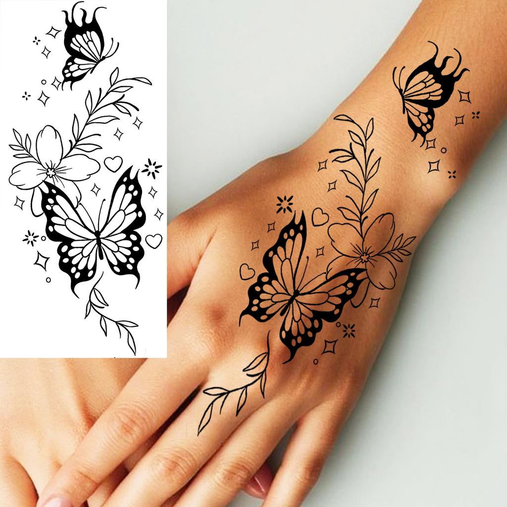 1 Blatt Totenkopf Schmetterling Rose Temporäre Tattoos Für Frauen Männer Hände Fuß Nacken,Temp Fake Tattoo Aufkleber Langanhaltend Wasserdicht