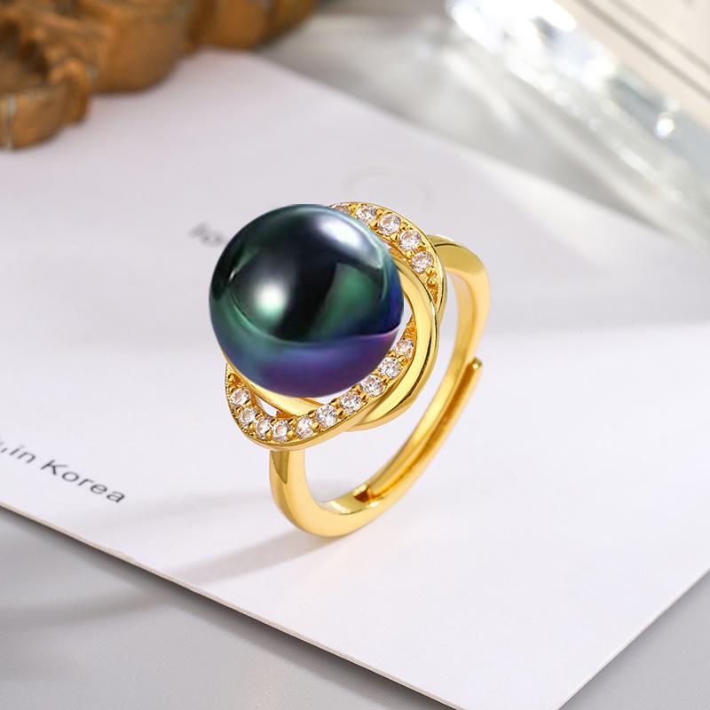 

Открытое регулируемое кольцо с 14-миллиметровым золотым, белым, шампанским и фиолетовым жемчугом из ракушек и цирконами для женщин Adjustable Open