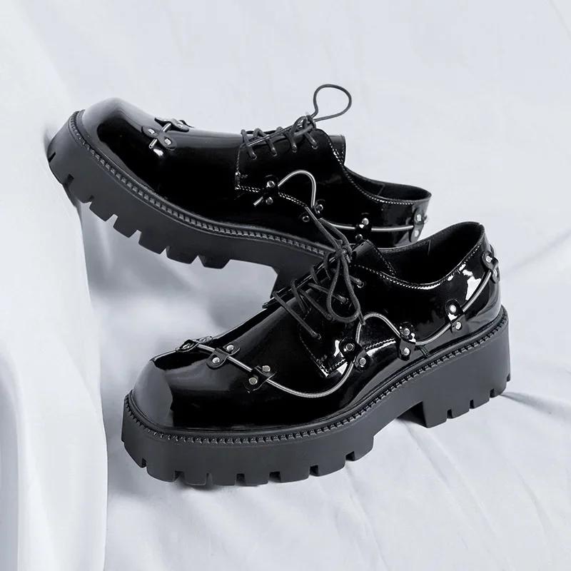 Black Brogue Shoes Men Classic Platform Oxford Dress Shoes Men Retro Patent Leather Footwear Low-Ankle Party Shoes Zapatillas