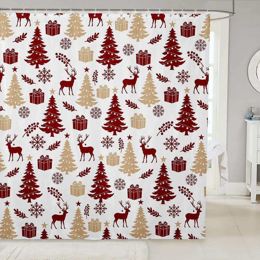 Christmas Puppy Shower Curtains Festive Pet Bathroom Curtain Kids Women Men Cute Dog Bathroom Accessories Xmas Tree Snowflake
