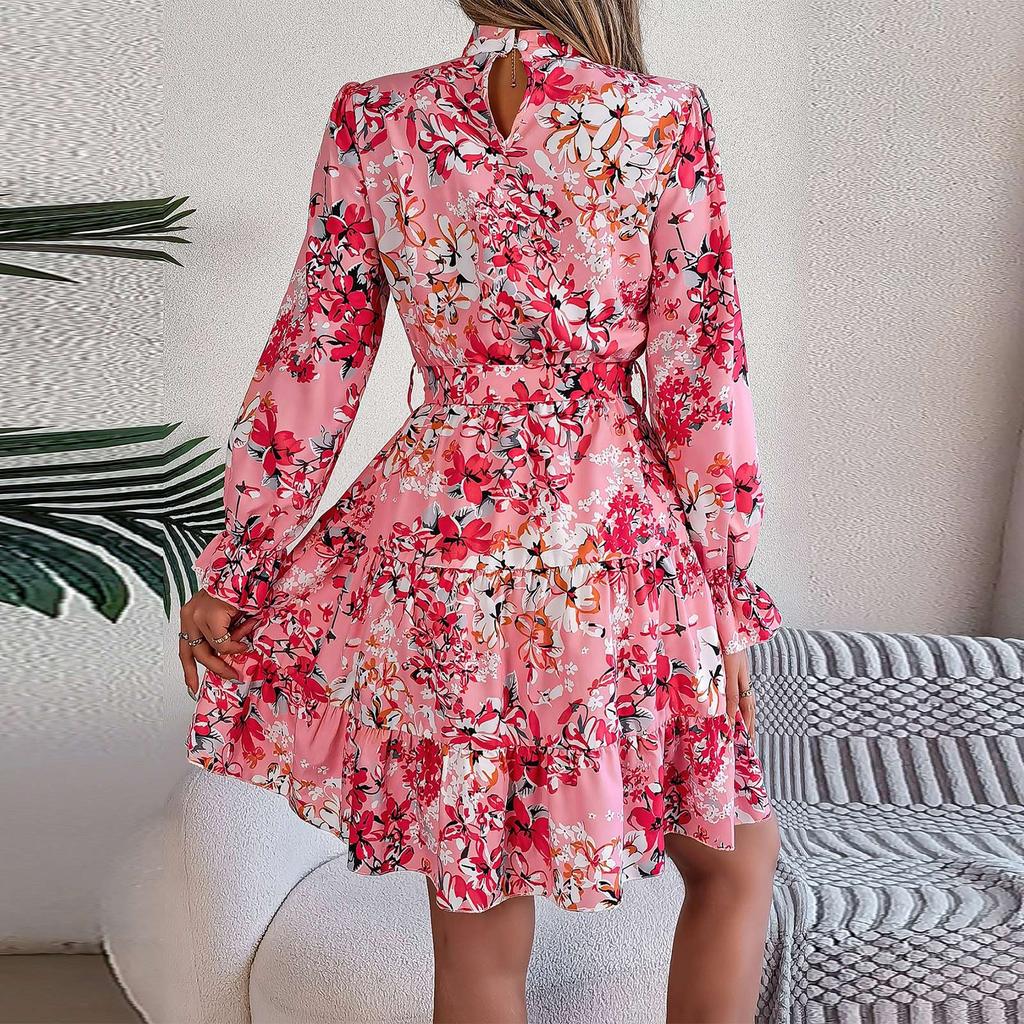 Women's Casual Stand-up Collar Flower Waist Long Sleeve Ruffled A-line Dress