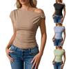 Damskie Topy Asymetryczny Dekolt Metalowa Klamra Krótki Rękaw Pulower Dopasowany Asymetryczny Opuszczony Ramię Koszulka z Złotym Metalowym Pierścieniem